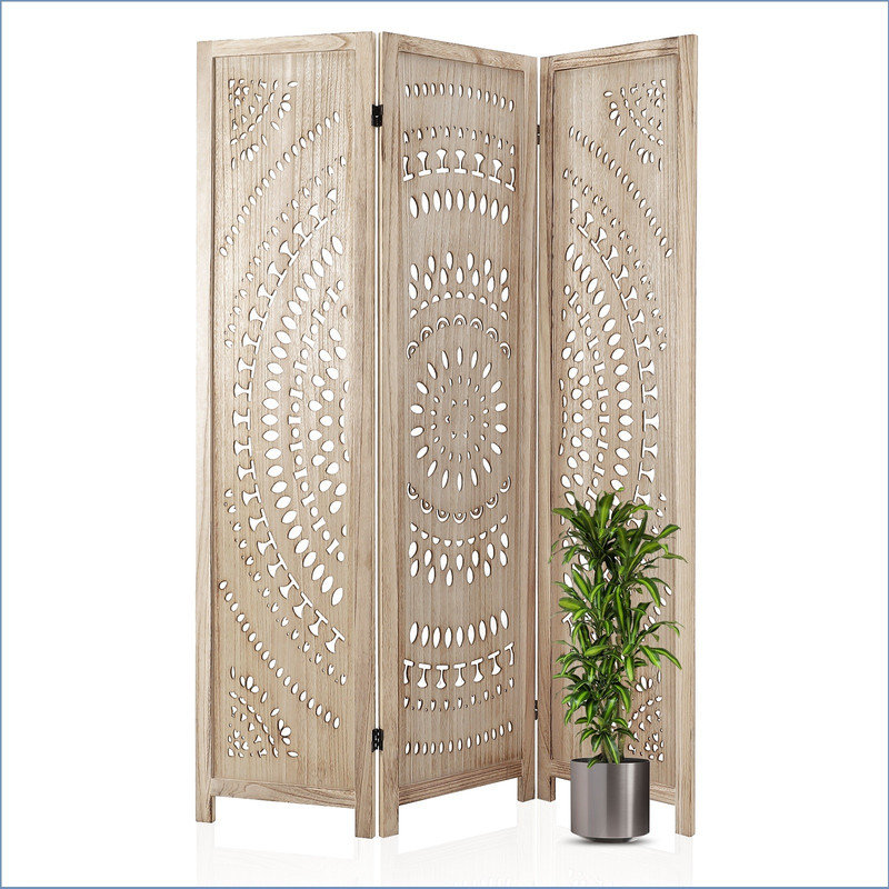 Wood Room Divider Screen - 67 Inch Tall Modern Farmhouse Partition, Round Floral Carved Design for Home Office, Bedroom & Garden Privacy,Wood Freestanding Folding Screen