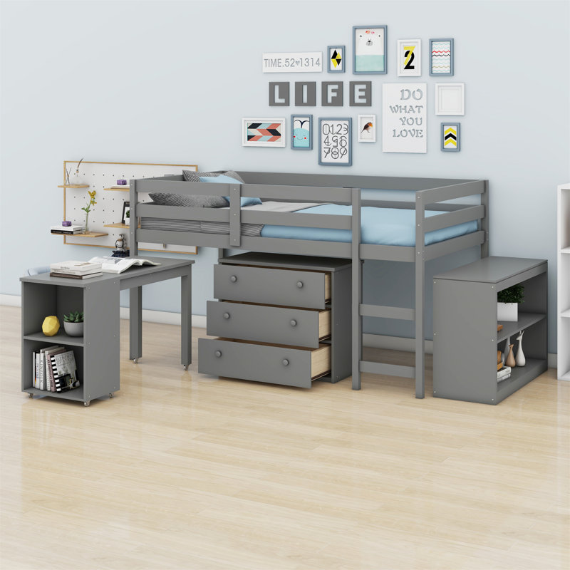 Lit mezzanine avec tiroirs et bureau portable à roulettes, Gris
