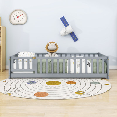 Wood Low Platform Bed With Fence Door And Guardrails by Harriet Bee