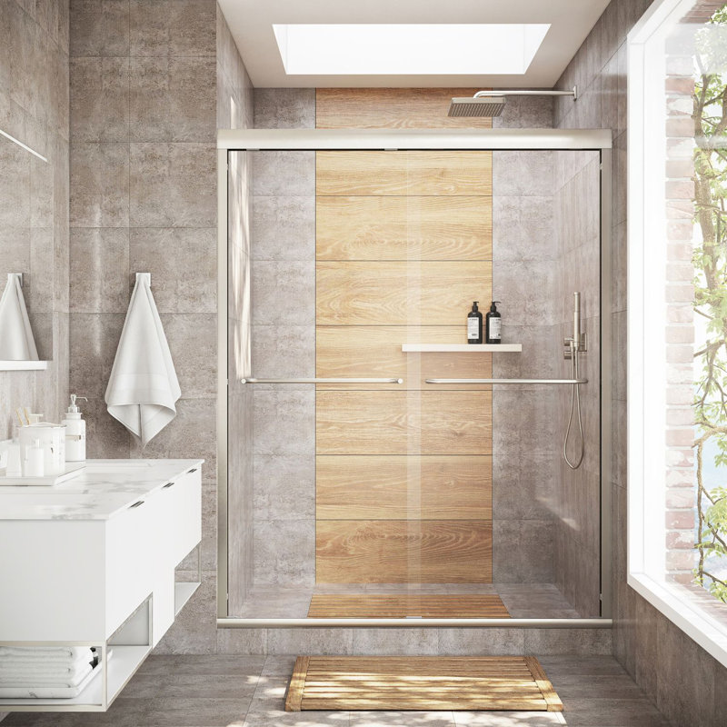 Strada 44 - 48 x 76 "Porte de douche coulissante sans cadre 3/8" en verre trempé transparent, Nickel brossé