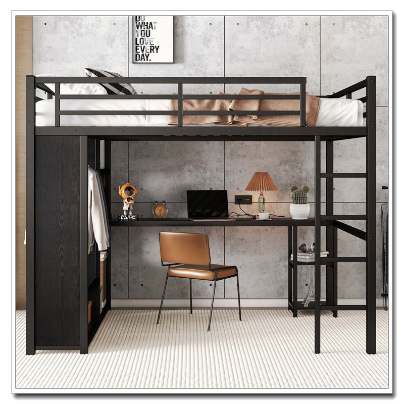 Loft Bed Frame with Built-in Wardrobe, Desk and Storage Shelves, Queen