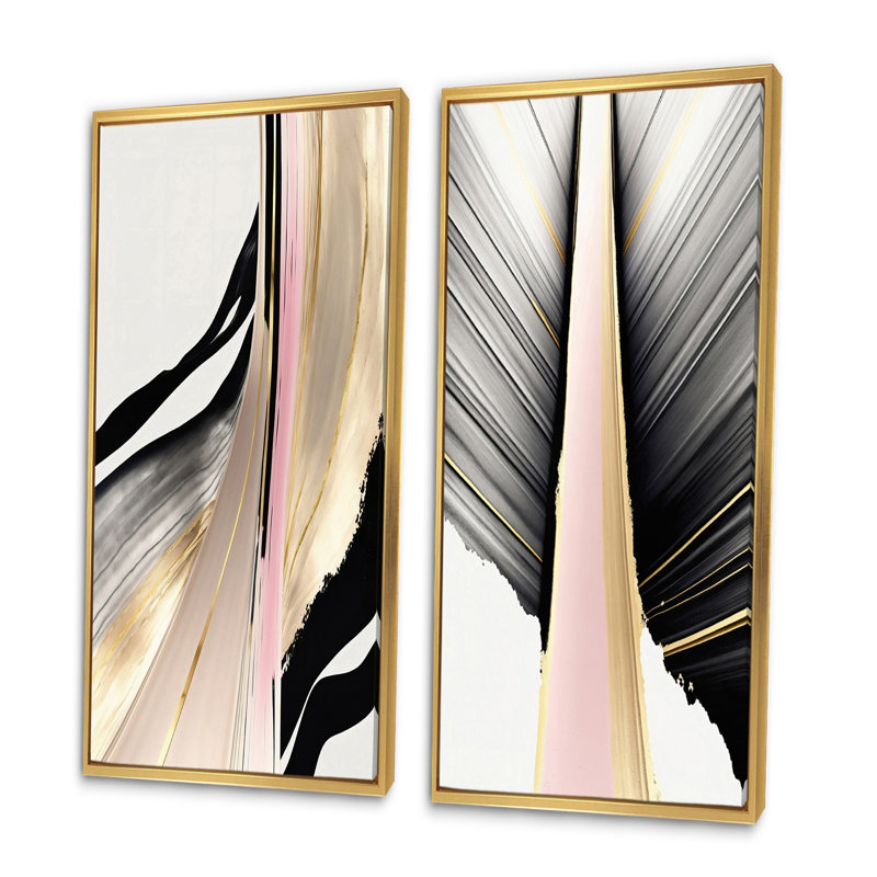 «Minimalisme rose et doré cubique fusion VII», 2 pièces sur toile, Encadrement doré, H 32 po x l 32 po