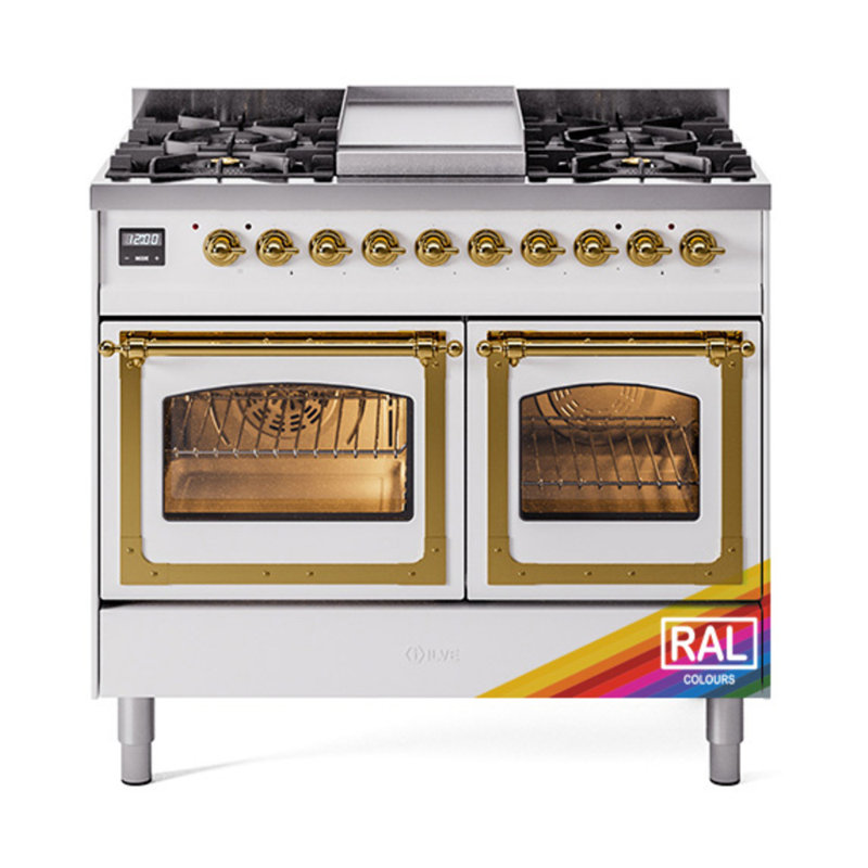 ILVE Nostalgie II Series Noblesse 40 inch Dual Fuel Range with 6 Sealed Burners (Glass Door), Brass, Liquid Propane