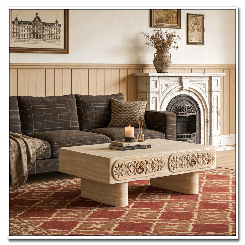 Table basse à bord arrondi avec tiroir en bois massif à motif floral