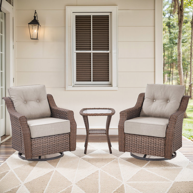 Acton 2 - Person Outdoor Wicker Swivel Rocker Seating Group With 6" Thick Cushions And Side Table, Beige