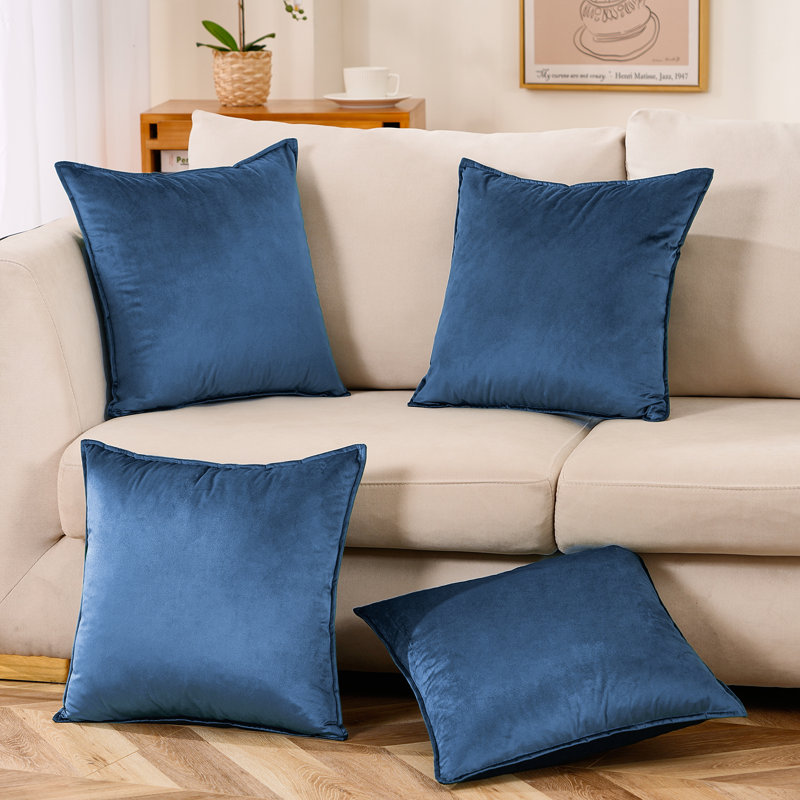Set Of 4 Throw Velvet Cushion Covers, Dark Blue, 20"H x 20"W