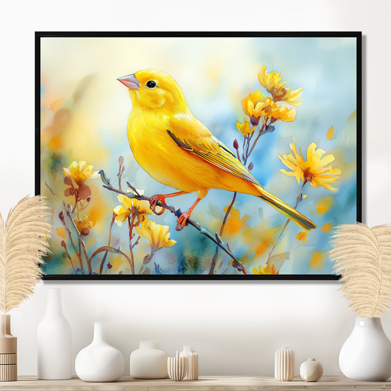 Oiseau pinson sur une tige de fleur sauvage III - oiseau, art mural, Floater Framed, H 24 po x l 32 po, Natural