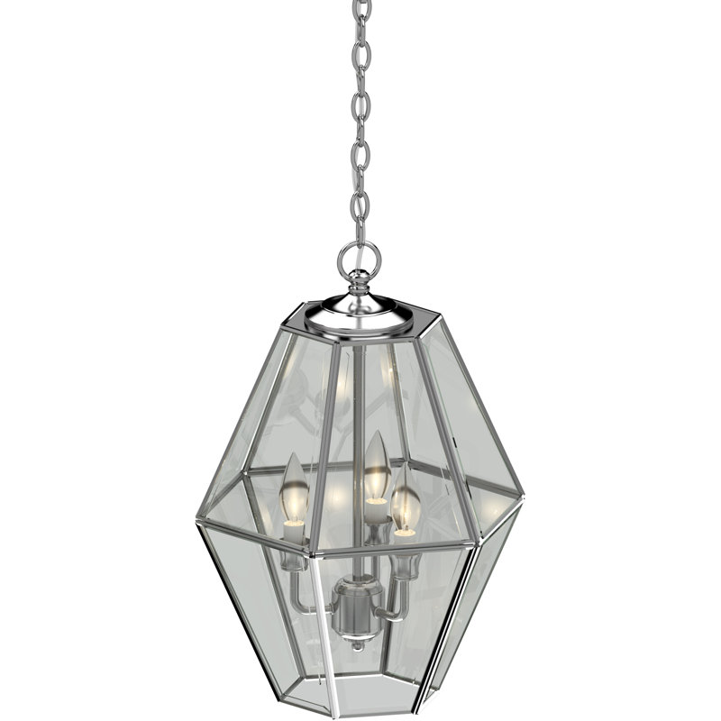 3-Light Indoor Brushed Nickel Lantern Geometric Candelabra Pendant with Clear Beveled Glass Panes, Brushed Nickel