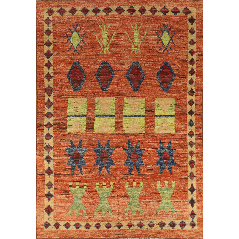 Tapis oriental marocain orange en laine 7 x 10