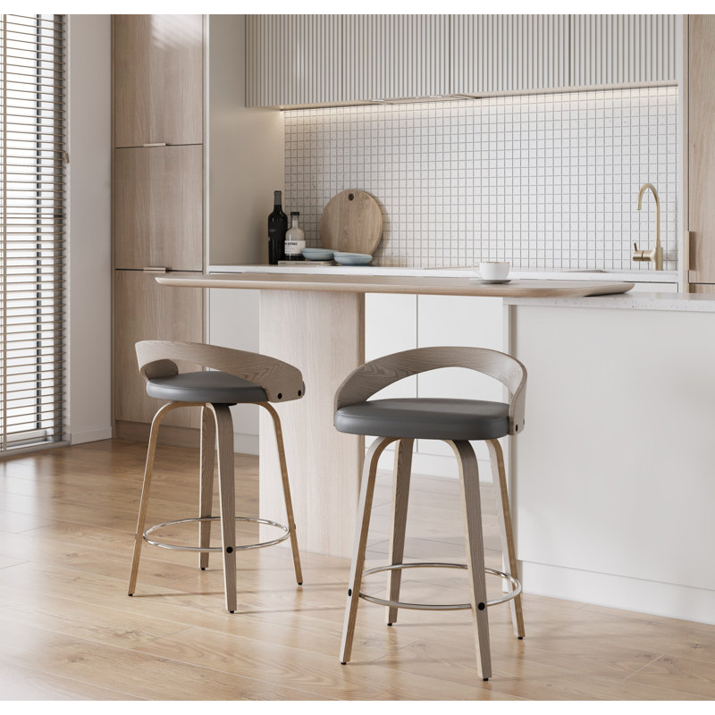 Laurenzio Fixed-Height Bar & Counter Stools with Bent Wood Legs & Round Footrest (Set of 2), Light Gray/Chrome