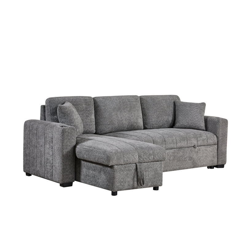 Seraphina II 96" Gray Boucle Fabric Reversible Sleeper Sectional Sofa With Storage Chaise, Cupholders, USB Charging Port, And Throw Pillows