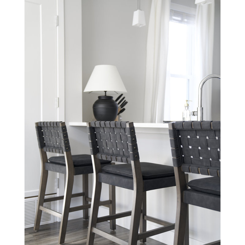 Woven Faux Leather Counter Height Stool with Solid Wood Legs, 2-Pack, Counter Stool (24" Seat Height), 2