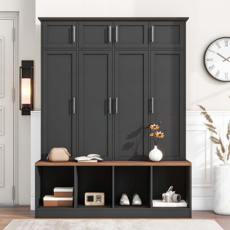 Hall Tree with 4 Hanging Hooks, Wood Grain Bench with Multiple Storage Space, Black