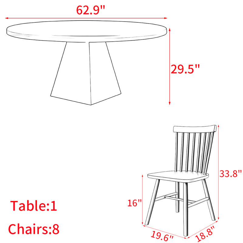 European style solid wood round table set, 29.5"H x 62.9"L x 62.9"W