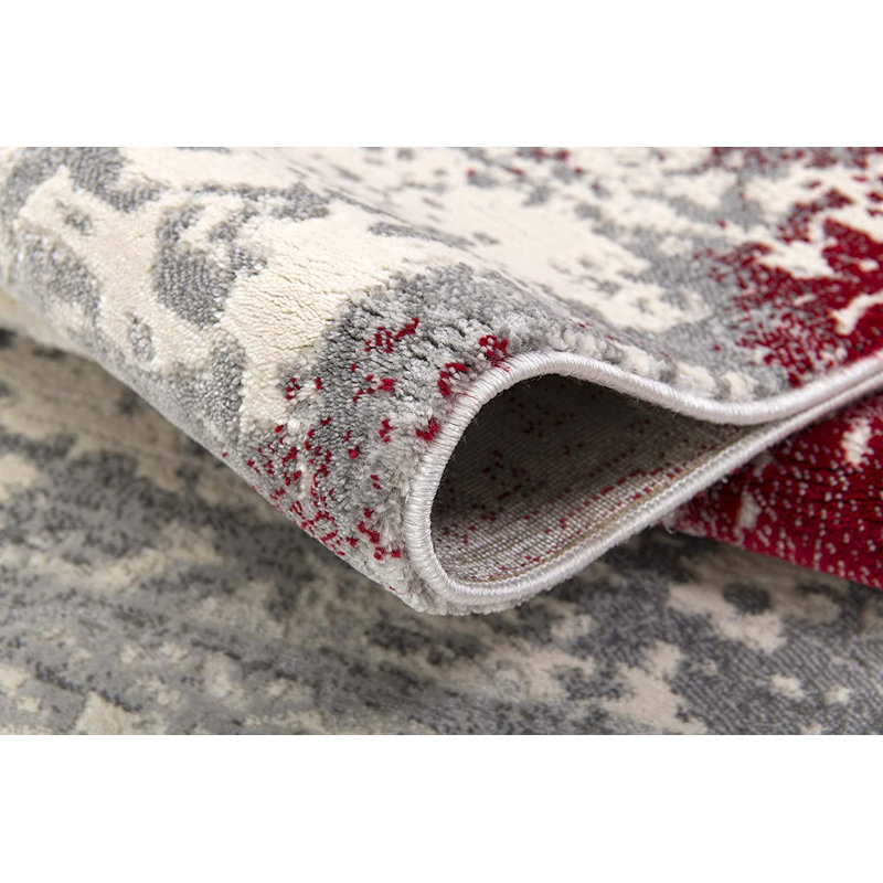 Tapis gris / beige / rouge fait à la main, Rectangle 5'3" x 7'7"