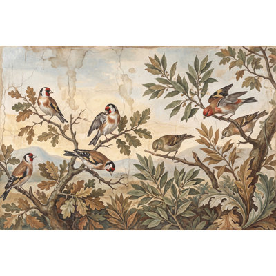 Papier peint botanique rétro, oiseaux sur branches, feuillage botanique