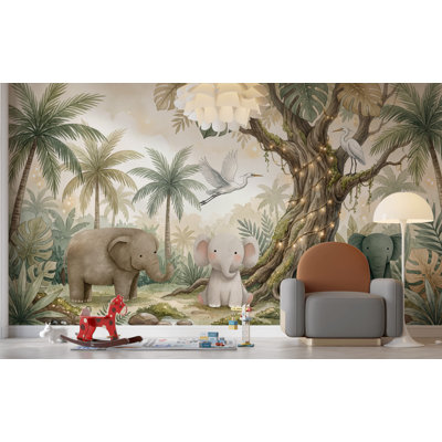 Papier peint jungle tropicale avec aquarelle Illustration d'éléphants