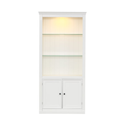 78.75'' Tall Display Shelves With 5 Colors Adjustable LED Ceiling Light, Retro-Style Bookcases With Tempered Glass Shelves