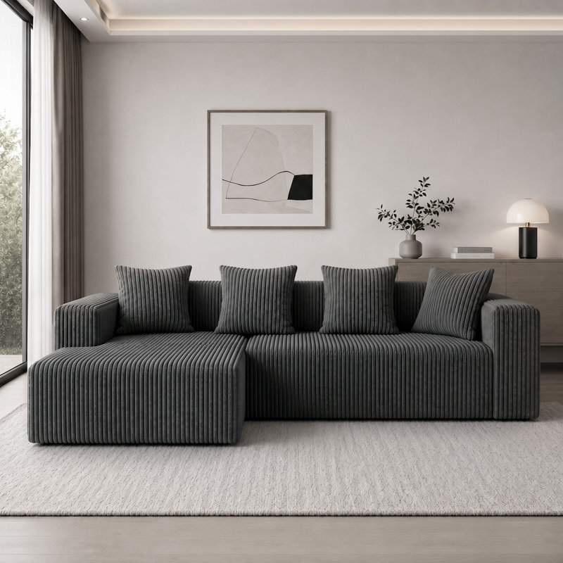 Modern Oversized 262cm Boneless Corner Sofa L-Shaped Corduroy Sofa With Storage Pockets, Left Hand Facing, Gray