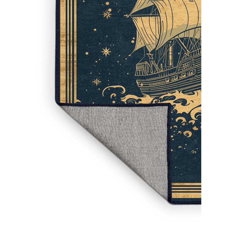 Machine Washable Mendon Pirate Sailing Ship Vintage Vintage Look Rug in Gray – Navy Binding, 2x3