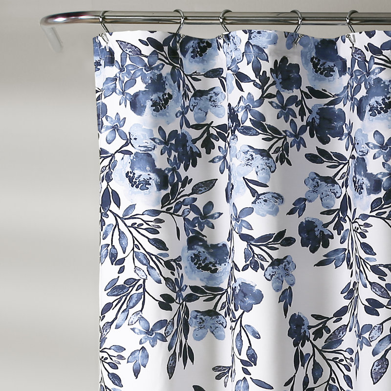 Navy and White Floral Polyester Shower Curtain