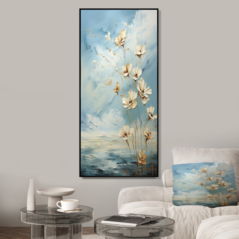 Encre liquide blanche et bleue III - Fleurs, art mural, Cadre flottant noir, H 20 po x l 12 po