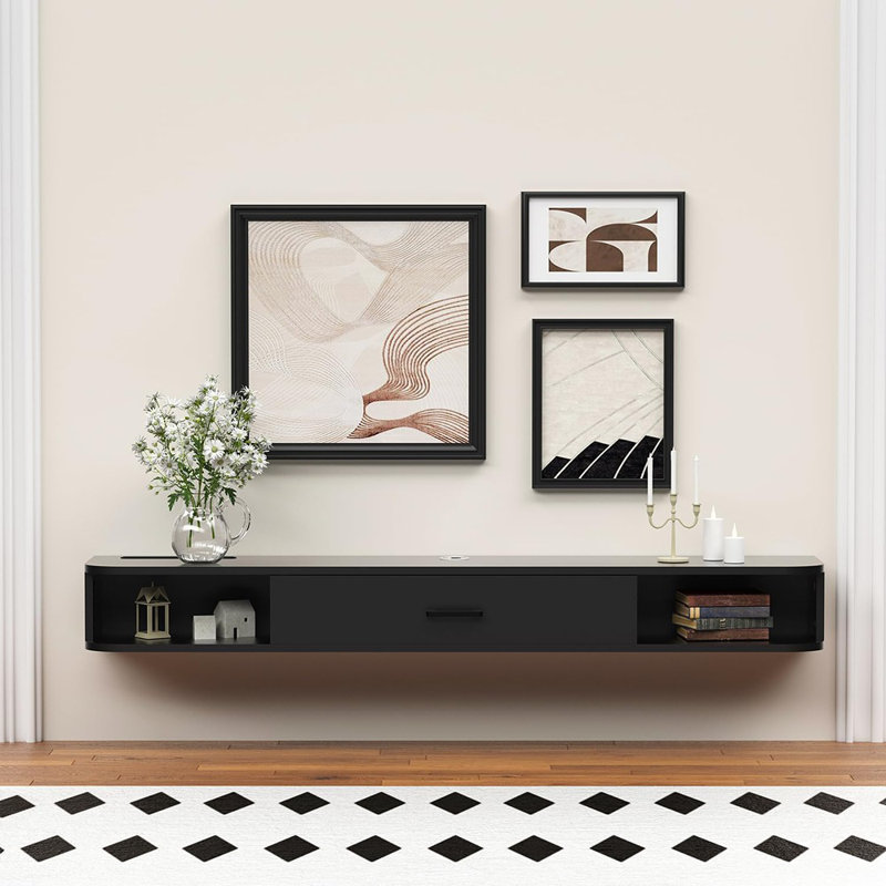 Meuble télé flottant 65 po, console média murale avec porte, tablette de rangement sous le téléviseur (noir)