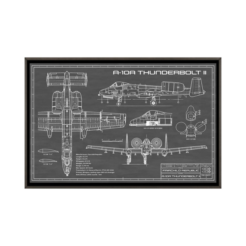 A-10 Thunderbolt II-imprimé de dessin, H 32 po x l 48 po x 1,5 po, Toile encadrée de bois rustique foncé, Pas de tapis
