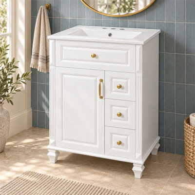 Meuble-lavabo autoportant de 61 cm (24 pouces) avec lavabo en céramique, meuble de salle de bain blanc avec tiroir rabattable, 3 tiroirs et placard de rangement, meuble-lavabo en bois d'hévéa et MDF pour salle de bain
