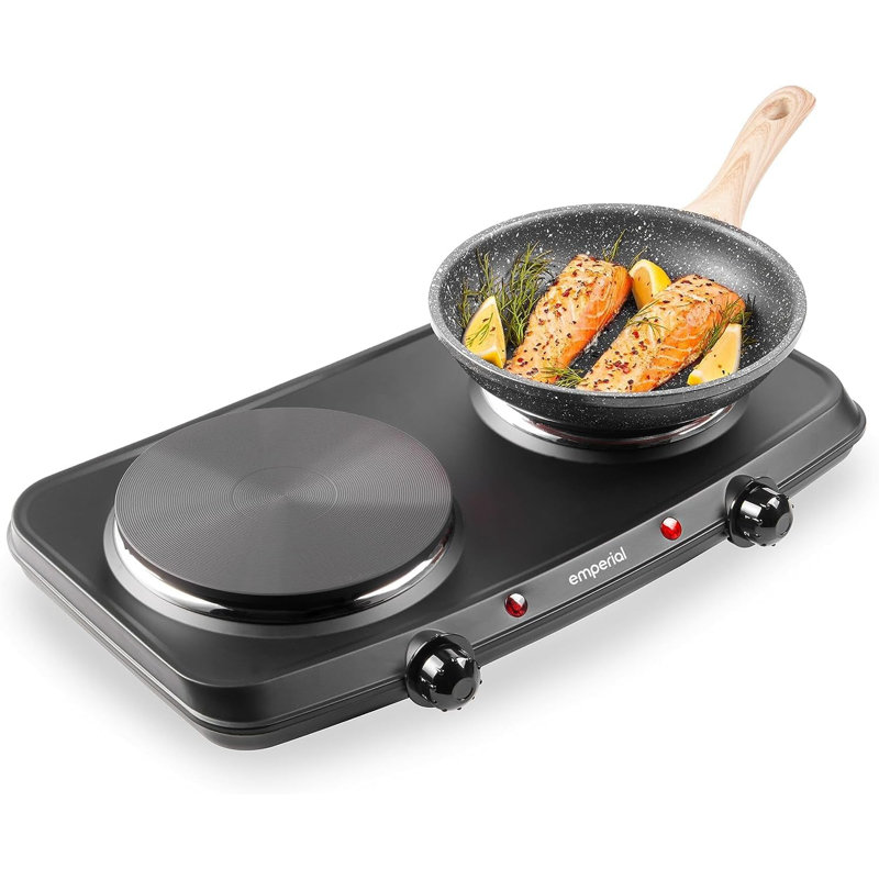 Emperial Double Hotplate, 2250W Portable Electric Hob with Dual Temperature Controls, Cooktop Table Top 2 Ring Cooking - Black