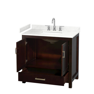 Meuble-lavabo simple de 36 po Sheffield en espresso, comptoir en marbre de culture de Carrare, lavabo carré encastré (3 trous), garniture en chrome brossé