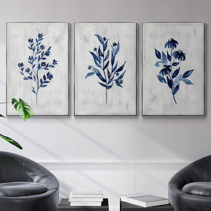 " Wild Indigo I " 3 - Pieces, 24" H x 48" W  x 2" D, Silver