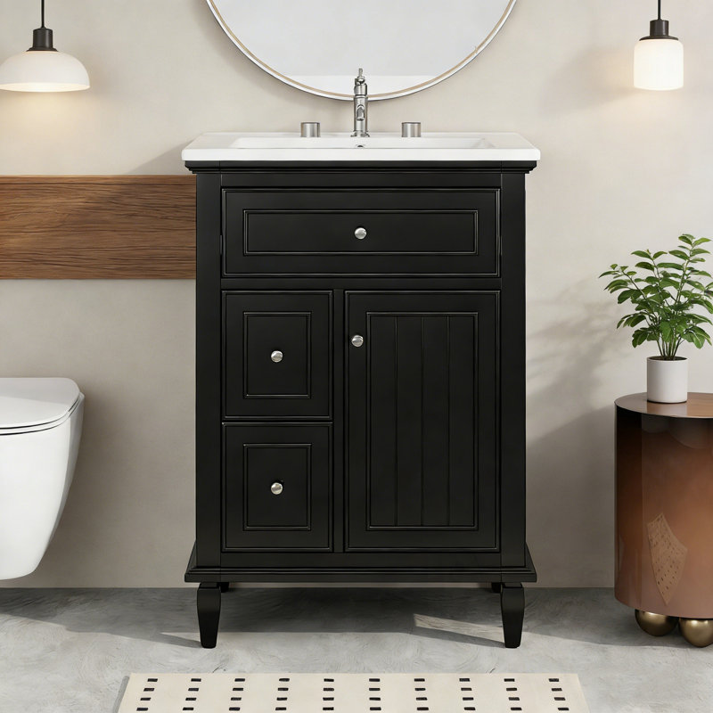 Meuble-lavabo de salle de bain avec lavabo, un tiroir rabattable et deux tiroirs, Noir