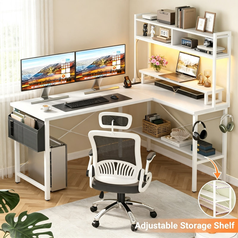 L-Shaped Gaming Desk with Power Outlets & LED Lights, Small Corner Computer Desk with Monitor Stand & Storage Shelf, Gaming Table with Storage Bag