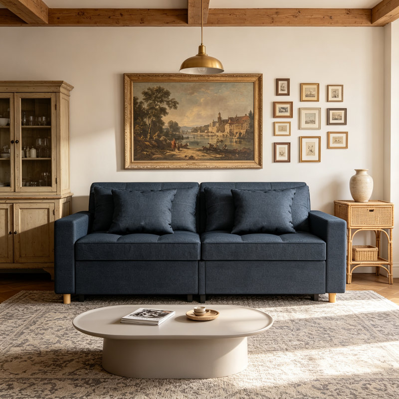 Borchert 2 Seater Fabric Sofa Bed, Blue Linen