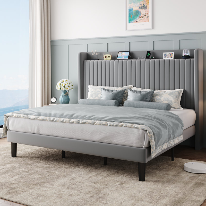Chic Velvet Upholstered Platform Bed With Storage Shelf And Charging Station Wingback Headboard, Wooden Slats, Light Gray