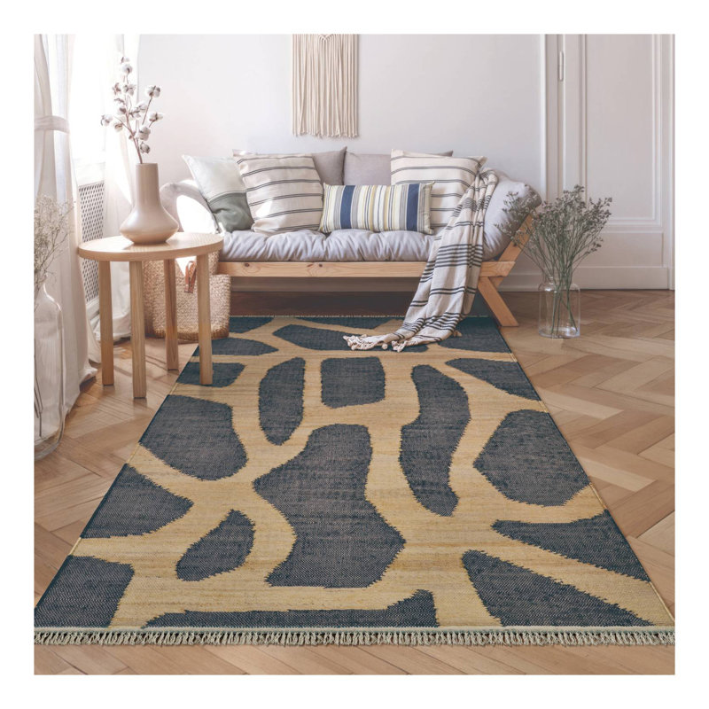 Tapis noir tissé à plat à la main Nevels Karo, Rectangulaire 8 pi x 10 pi