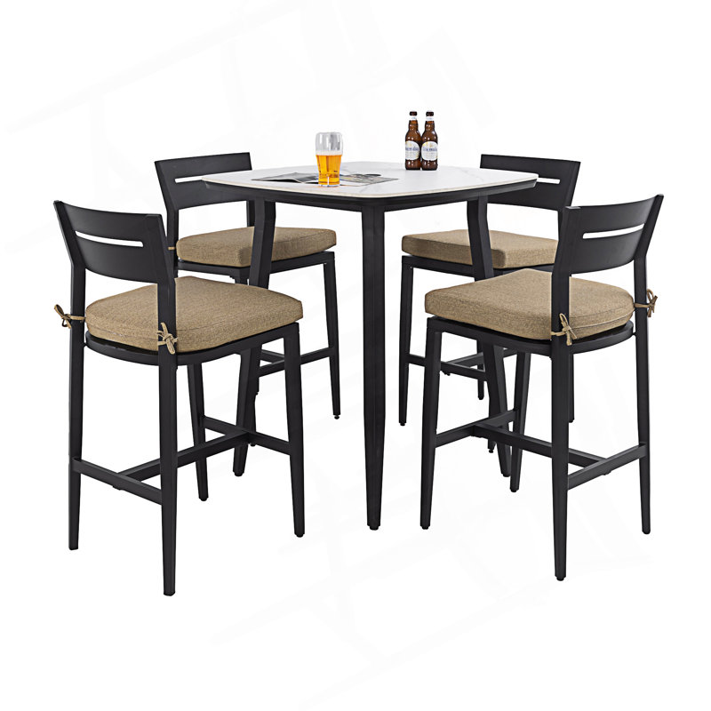 Ensemble de bar d'extérieur 5 pièces, table carrée frittée carrée et 4 tabourets de bar, Beige