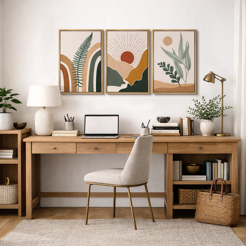 «Mid Century Modern Boho», feuille de fougère abstraite et paysage du désert, H 36 po x l 72 po , Cadre naturel flottant