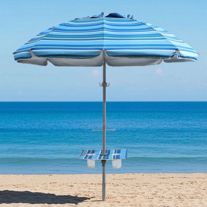 Parasol de plage de 84 po avec table intégrée avec ancre de sable et inclinaison, Bleu / rayures vertes