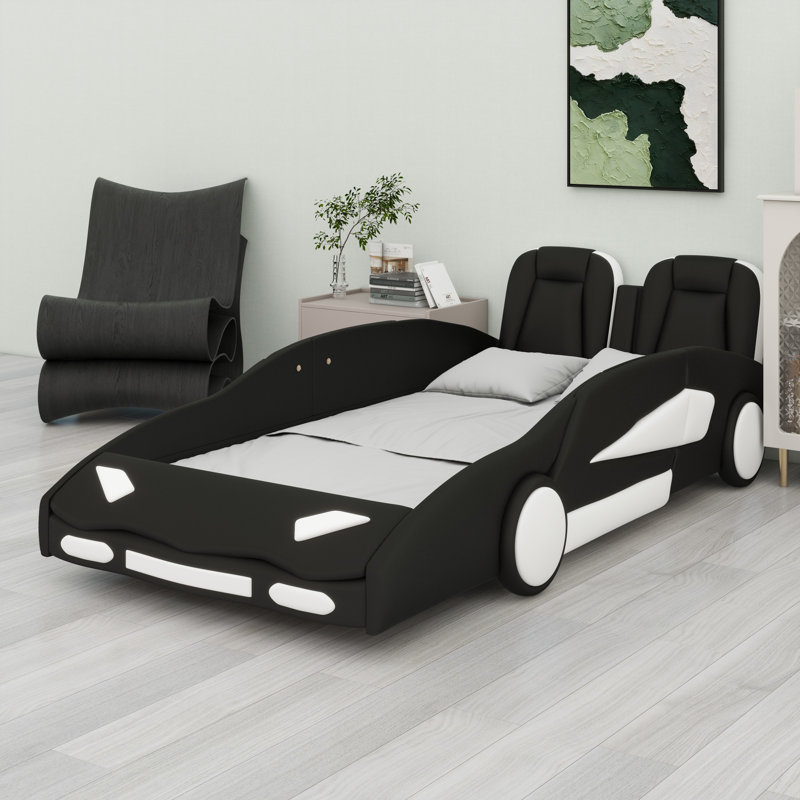 Race Car-Shaped Platform Bed With Wheels, Black