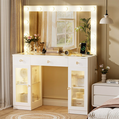 3-Drawer White Makeup Vanity Desk with 43" Big Mirror, LED Light Strips & Charging Station – Modern Makeup Dresser with Storage Cabinets by Mercer41