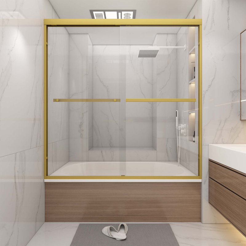 Porte de baignoire coulissante double semi-sans cadre l 60 po x H 60 po avec verre trempé transparent de 1/4 po (6 mm)