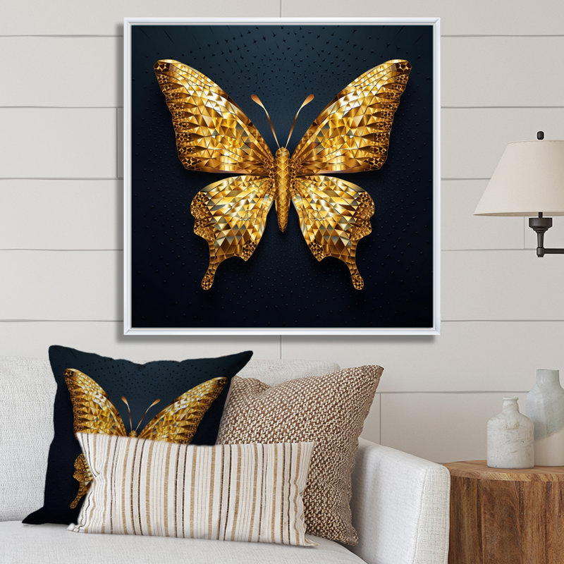 «Black and Gold Diamonds Butterly II», art mural papillon, H 30 po x l 30 po x P 1 po, Cadre flottant blanc