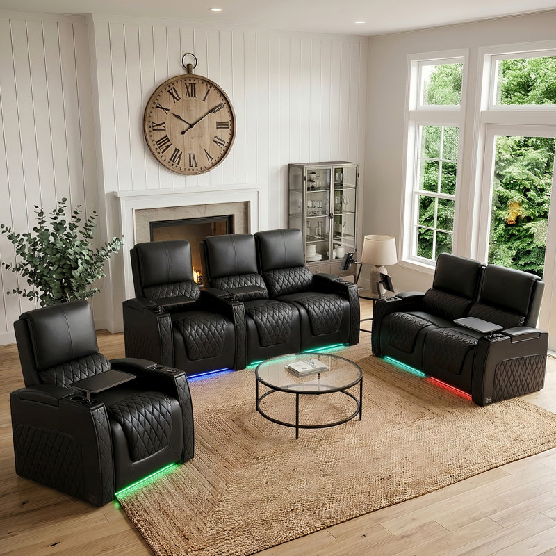 Ensemble de salon inclinable électrique sans gravité en cuir véritable avec soutien lombaire amélioré, appuie-tête réglables, ports USB et rangement