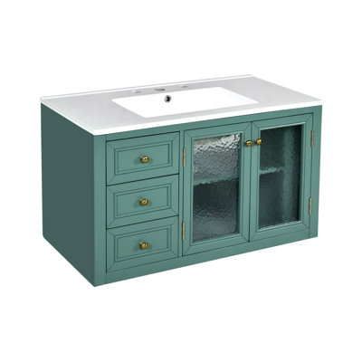 Meuble-lavabo mural avec lavabo en céramique, armoire de rangement flottante avec 3 tiroirs, armoire de salle de bain en bois massif