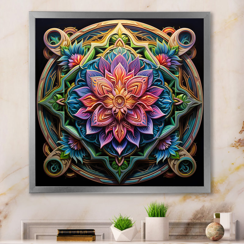 Ancien mandala magique coloré sur toile, H 16 po x l 16 po x P 1 po, Cadre simple argenté