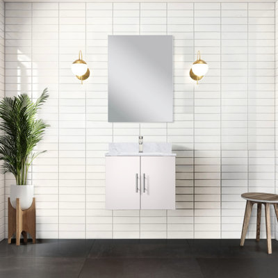 Meuble-lavabo blanc l 24 po x P 22 po avec comptoir en marbre et miroir à fermeture en douceur, compartiment de rangement intérieur spacieux, avec égratignures et taches