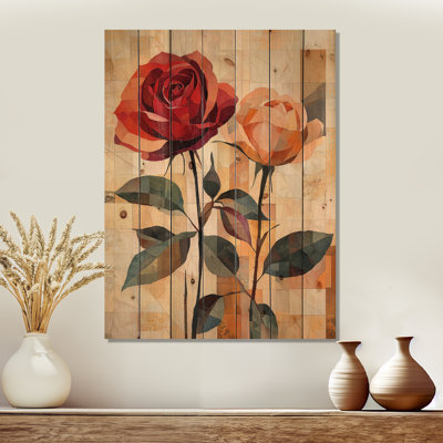 Velours rouge géométrique passion rose II - roses, impression sur bois - sur bois de pin naturel