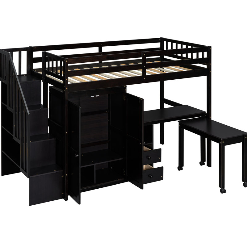 Lit mezzanine simple avec escalier, bibliothèque, tiroirs, bureau et garde-robe Pour les ados. Pas de sommier tapissier. Garde-robe de taille compacte. Fabrication en bois massif. Idéal.